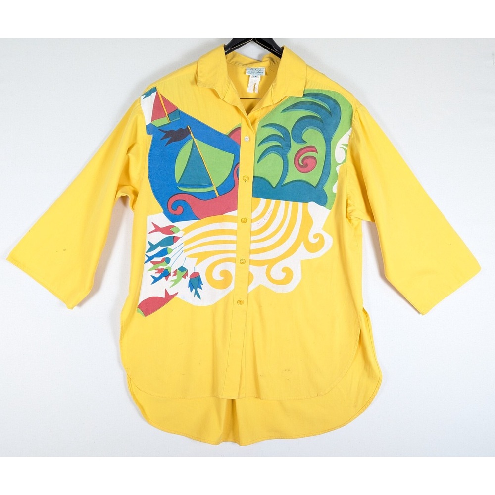 Lechuza for the Tropics Top Women 1X Yellow Hand Painted Art Cotton Smock